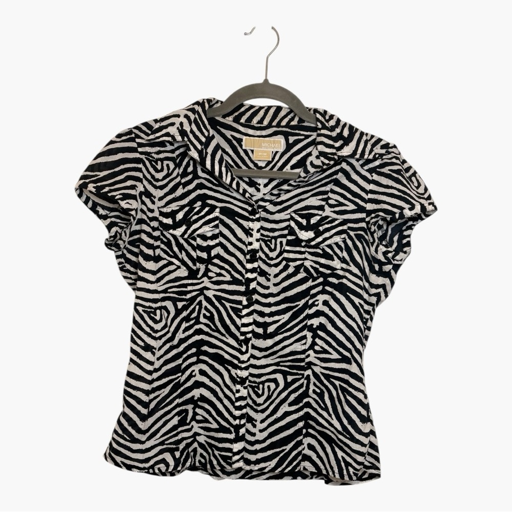 Michael Kors Black White Zebra Print Button Front Blouse Petite Medium